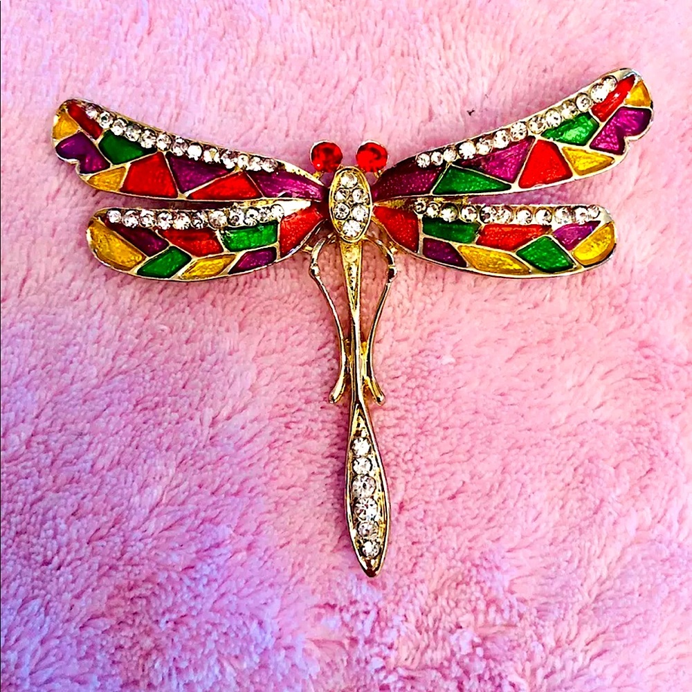 Vintage Multicolored Dragonfly Brooch; Stained-glass look; Rhinestones 2” x 3”